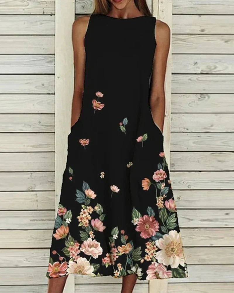 Robe d'été femme motif floral col rond robe mi-longue