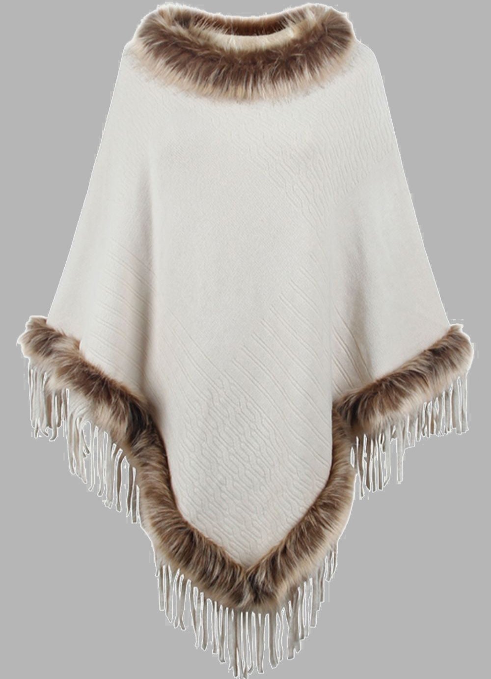 Poncho long élégant pour femme avec col en fausse fourrure