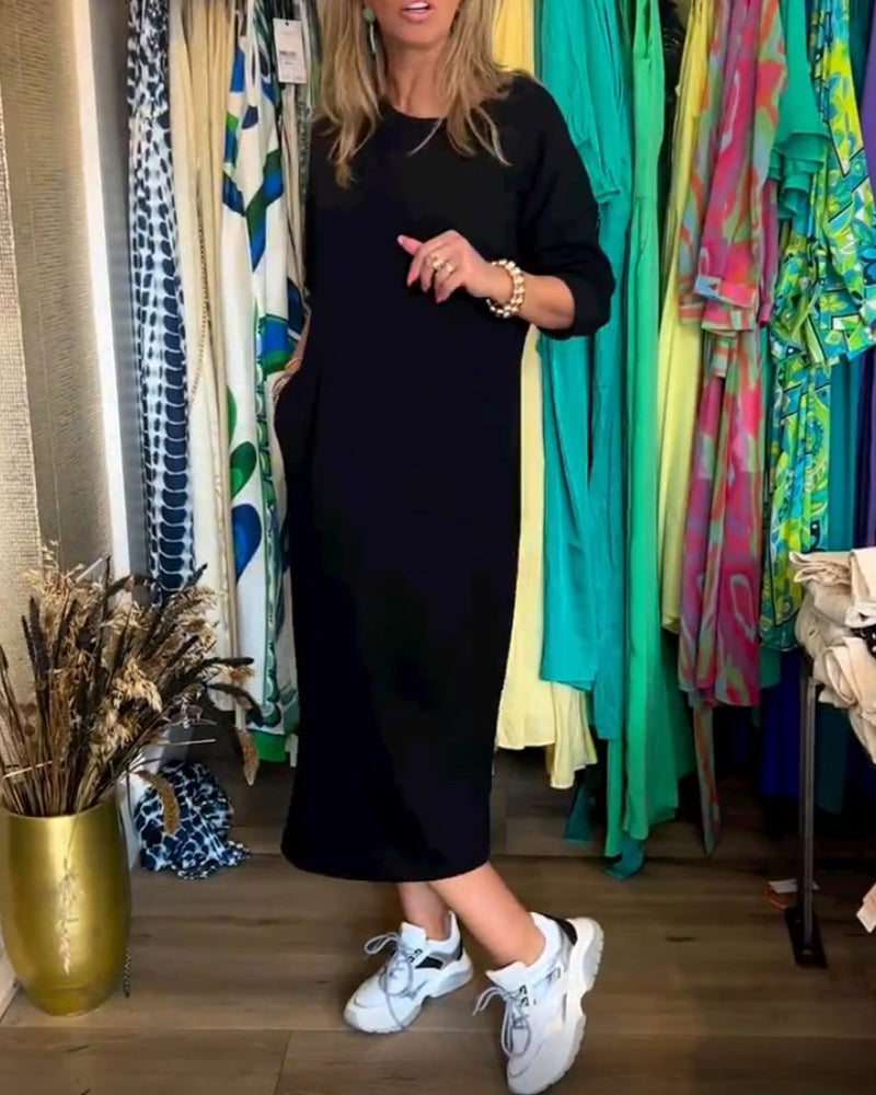 Elegante Kleid Damen Rundhals Fester Stoff - IdealeKleiden