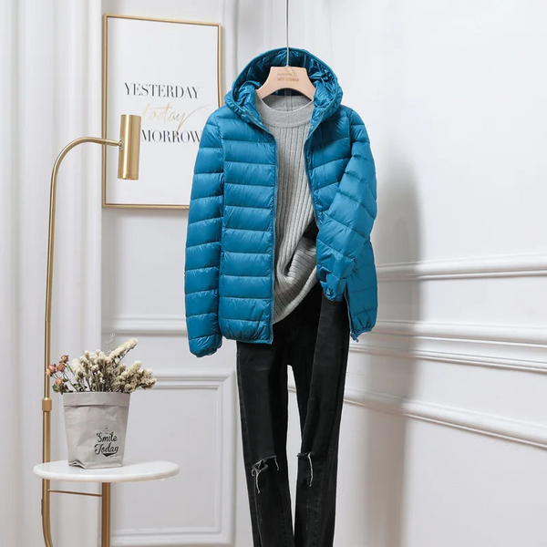 Doudoune légère femme avec capuche et fermeture éclair, veste de sport