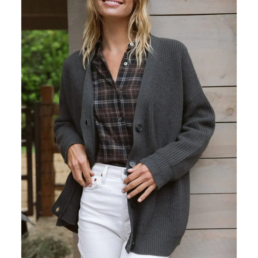 Long cardigan confortable col en V mélange de laine