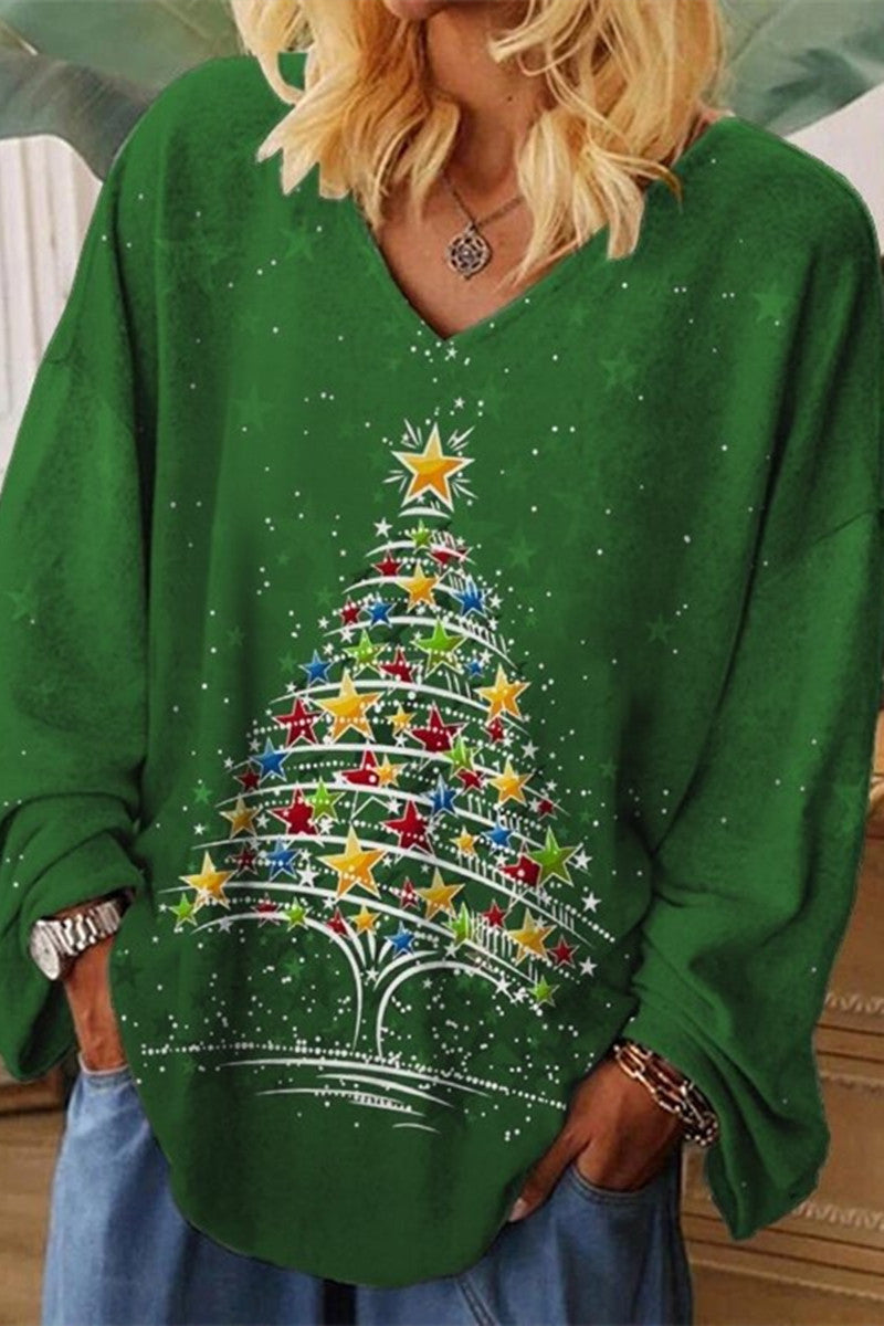 T-shirt décontracté femme à col en V imprimé sapin de Noël