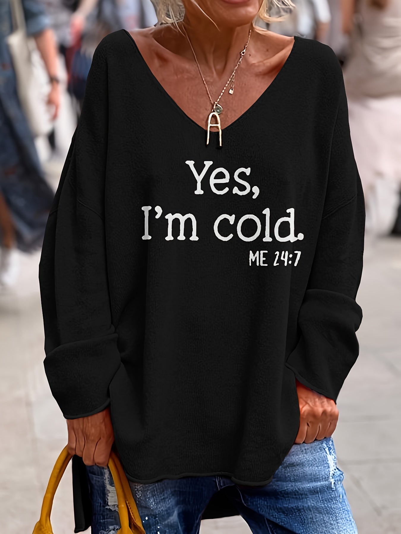 Pull oversize femme col V motif