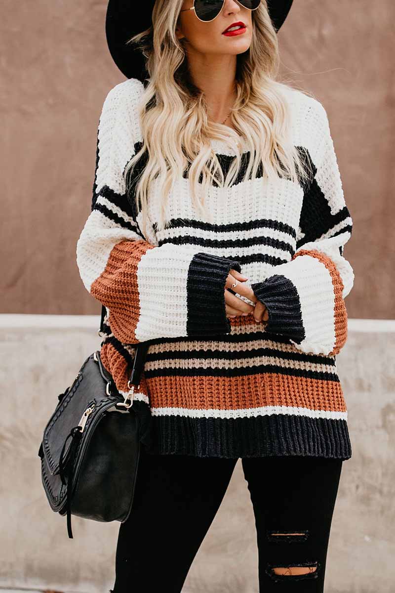 Pull tricoté pour femme, chaud, rayé
