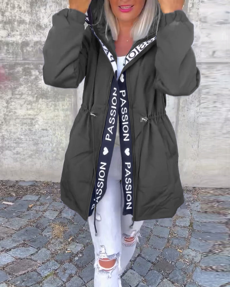 Manteau femme capuche cordon motif