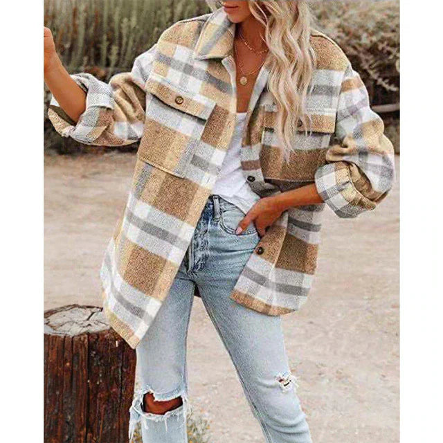 Veste à carreaux tendance pour femme, grandes tailles