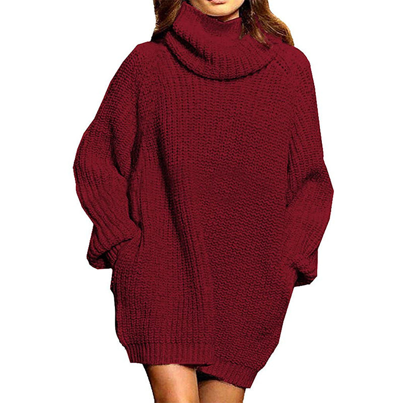Robe pull femme grosse maille col montant décontractée chic
