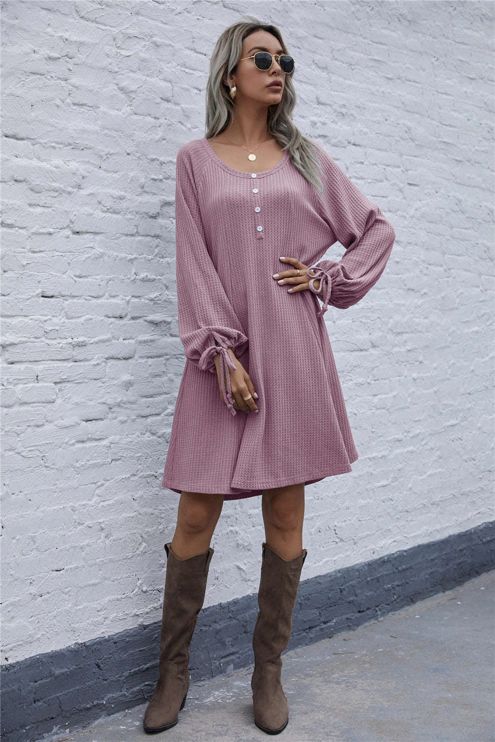 Damen Waffel-Pullover-Kleid Bequem Stylish - IdealeKleiden