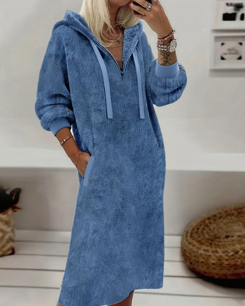 Fleece-Kleid Kapuze Waffelmuster Damen - IdealeKleiden