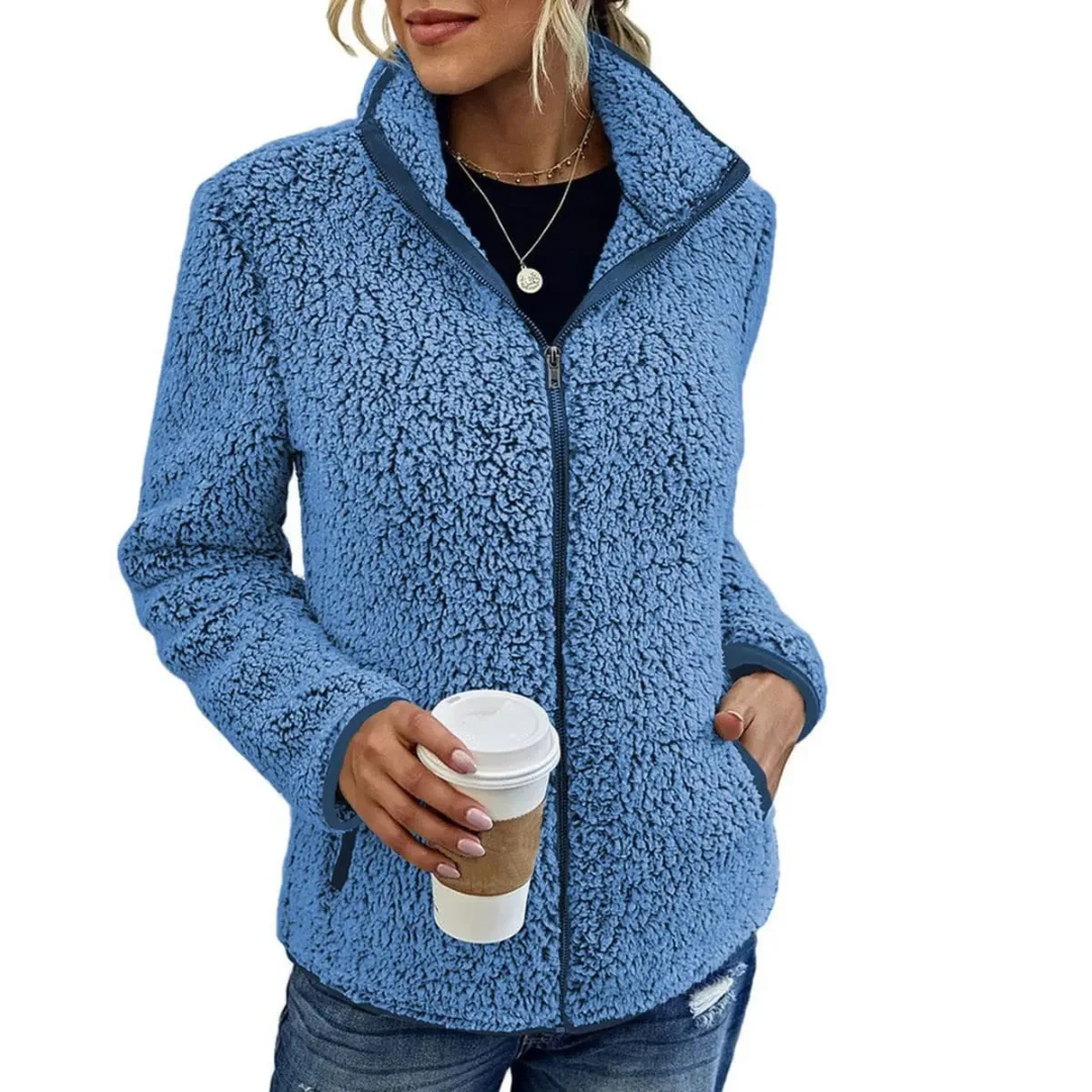 Veste femme douce en teddy, col montant, avec fermeture éclair