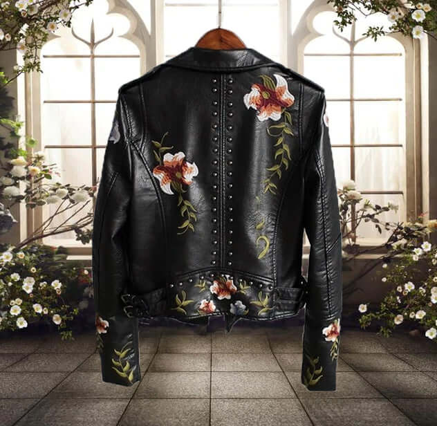 Damen Bikerjacke Blumenprint Stil - IdealeKleiden