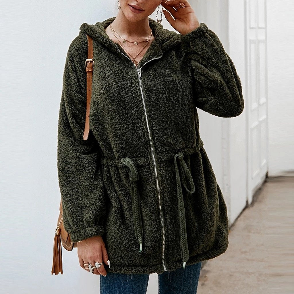 Veste teddy douce oversize avec capuche et poches