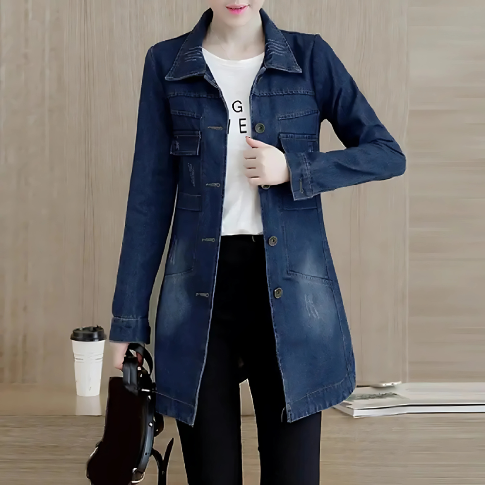 Longue veste en jean brodée pour femme