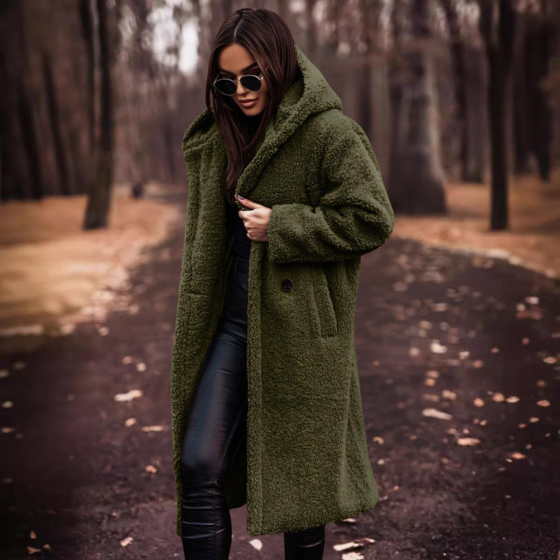 Manteau d'hiver long en teddy pour femme avec capuche