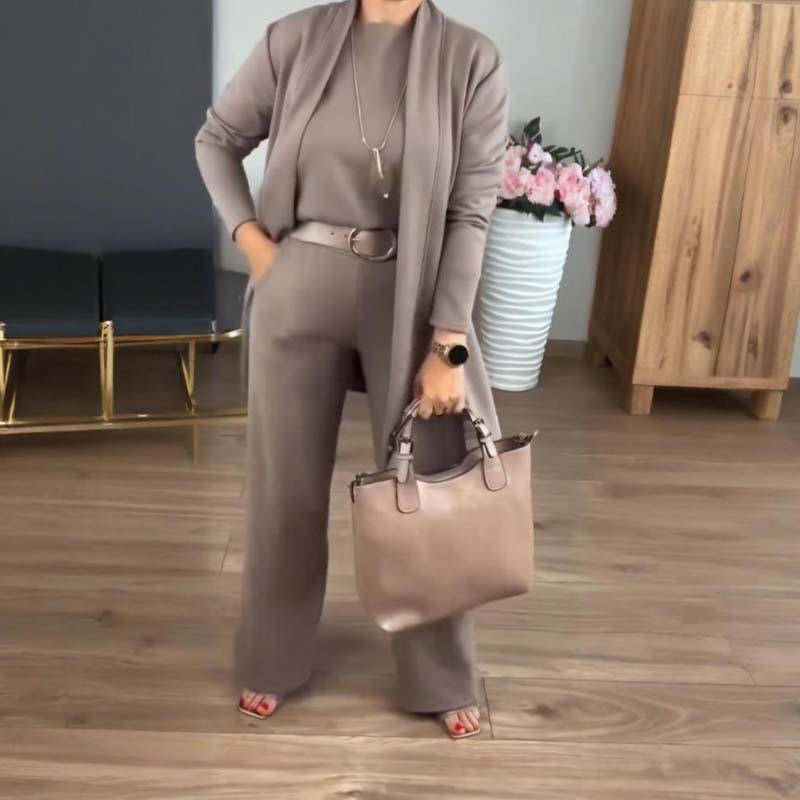 Ensemble 3 pièces élégant : long cardigan, top et pantalon pour femme