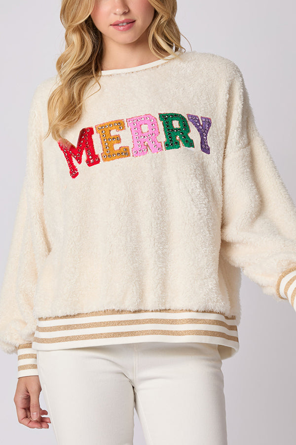 Sweat-shirt de Noël à paillettes et strass à manches longues et col rond