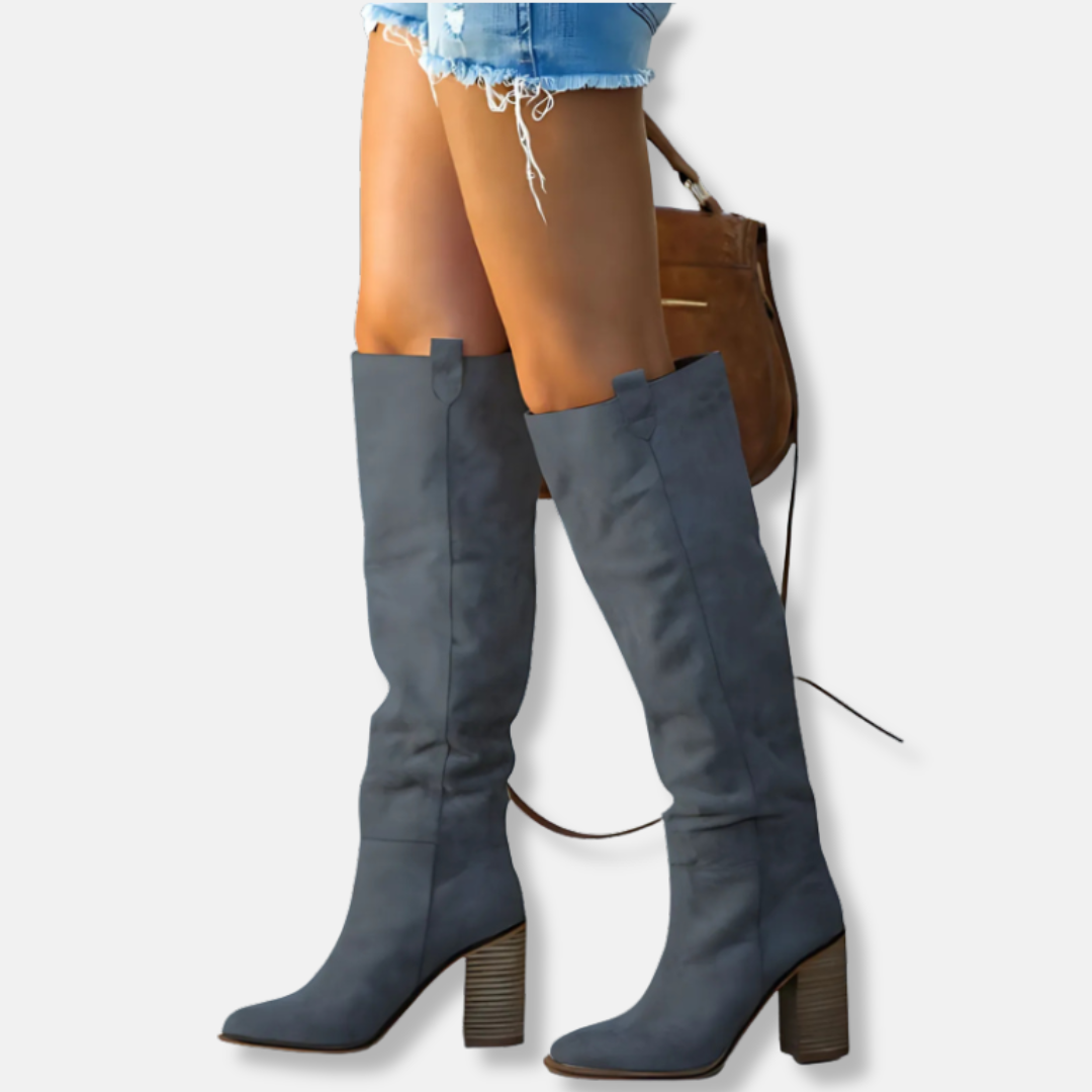 Bottes élégantes pour femmes - Aspect daim - Talon épais - Bout pointu