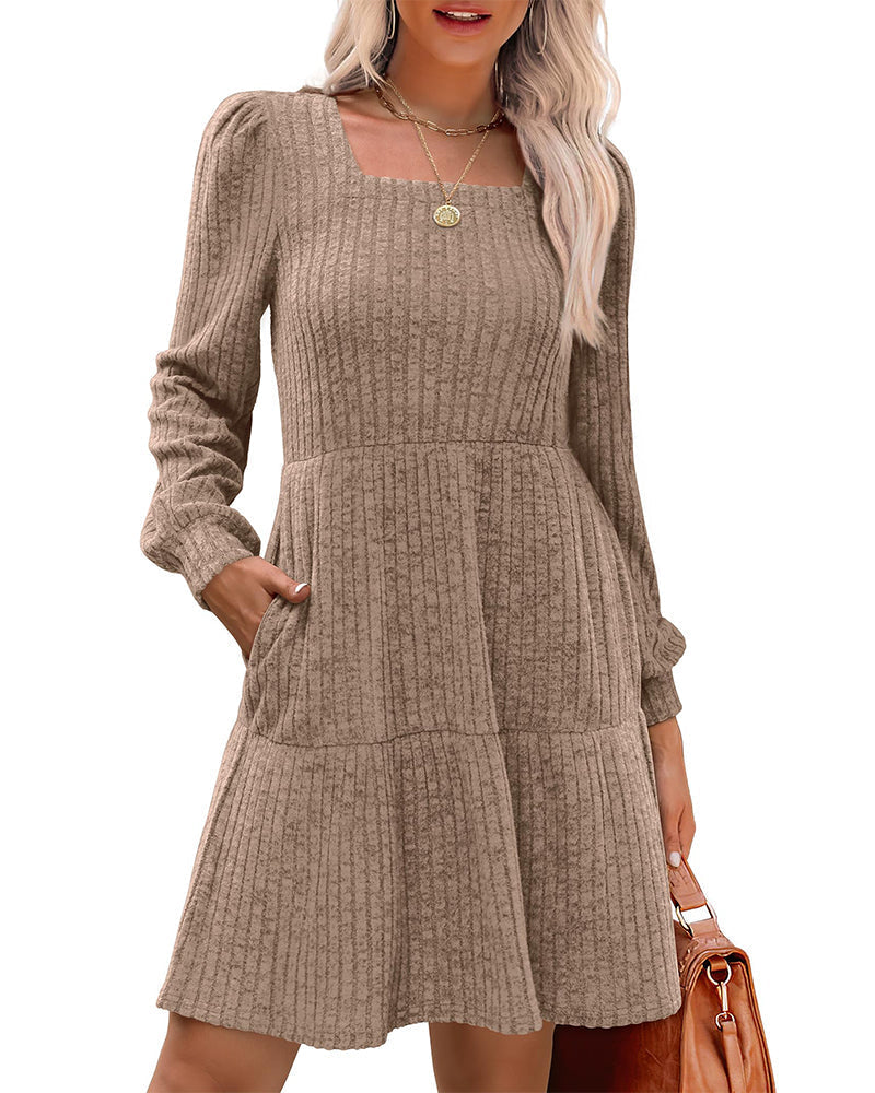 Robe élégante pour femme, col carré, côtelée