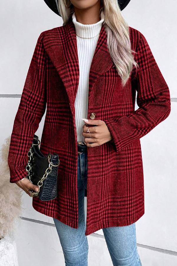 Élégante veste à manches longues Col à carreaux pour femmes
