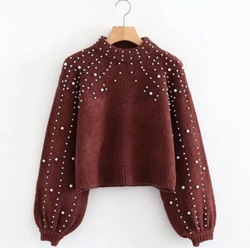 Pull-over femme détails perles pailletées manches amples