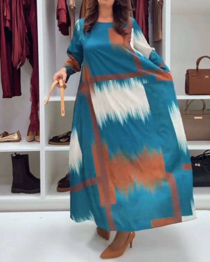 Robe élégante femme Col rond Manches longues Imprimée