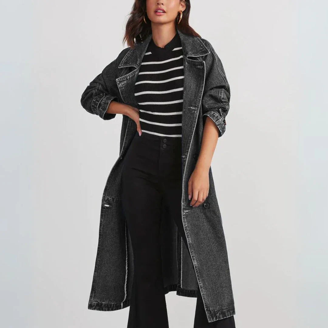 Long Manteau Femme Ceinture Boutons Élégance