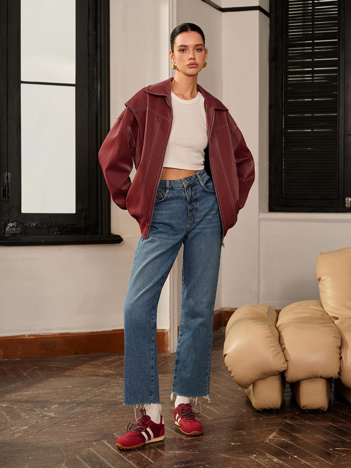 Stylische Damenjacke Bordeaux Rot Sportlich - IdealeKleiden