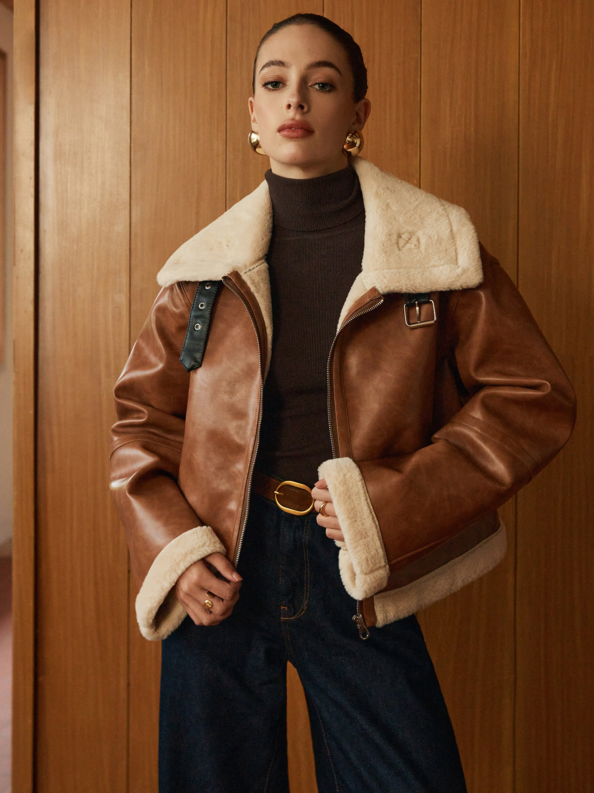 Elegante Lederjacke Reißverschluss Design - IdealeKleiden