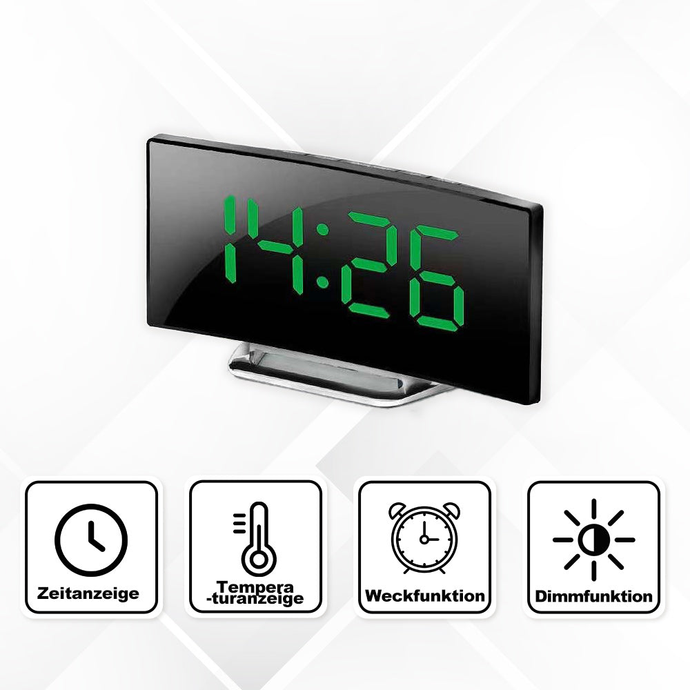 Horloge miroir LED moderne avec écran incurvé et fonction réveil silencieuse