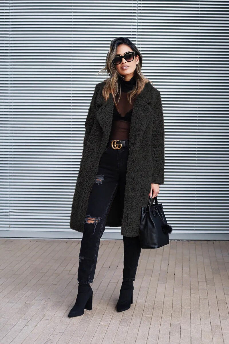 Manteau long d'hiver Teddy pour femme élégant coupe ample