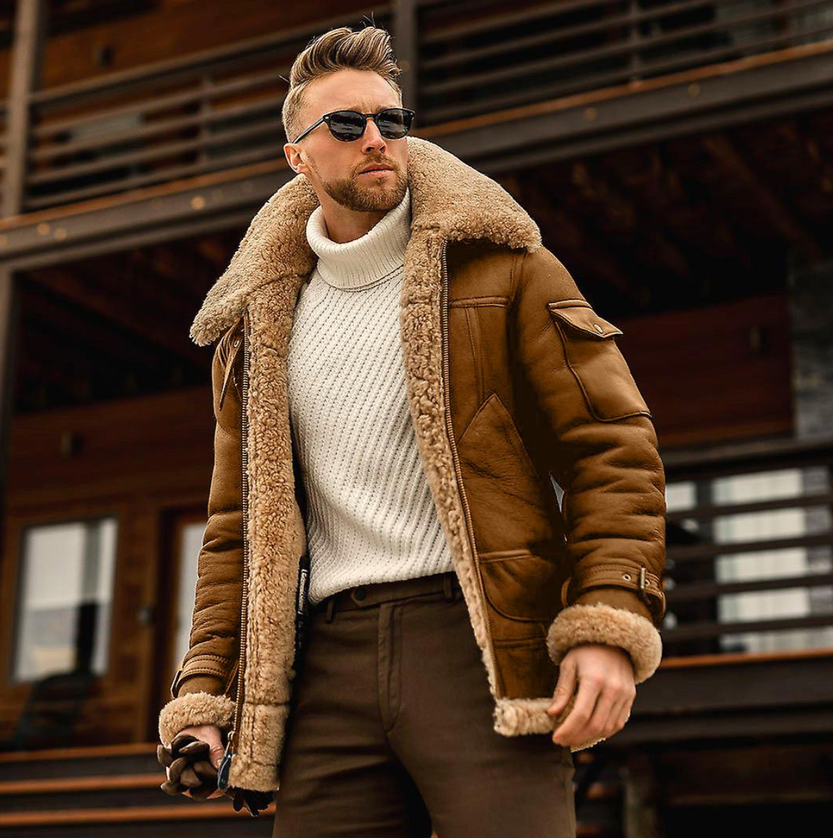 Herren Lederjacke Fliegerstil Slim Fit Shearling - IdealeKleiden