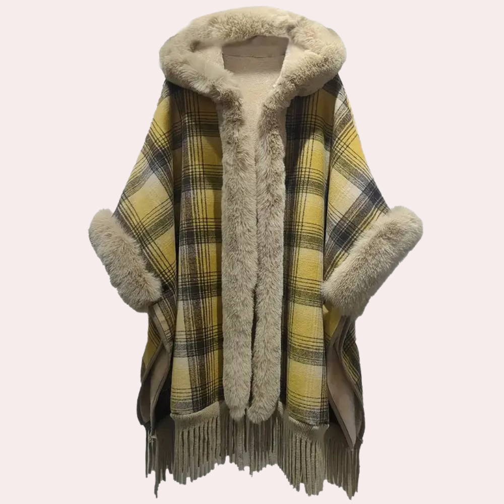 Poncho de luxe pour femme avec capuche et fausse fourrure