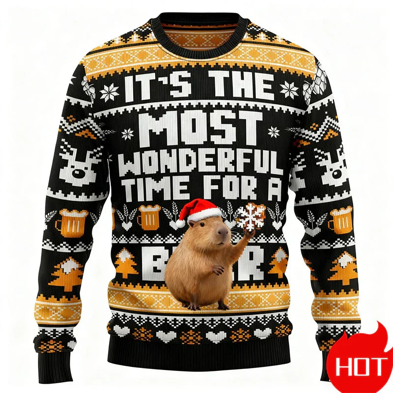 Pull de Noël graphique 3D Capybara, chaud et festif