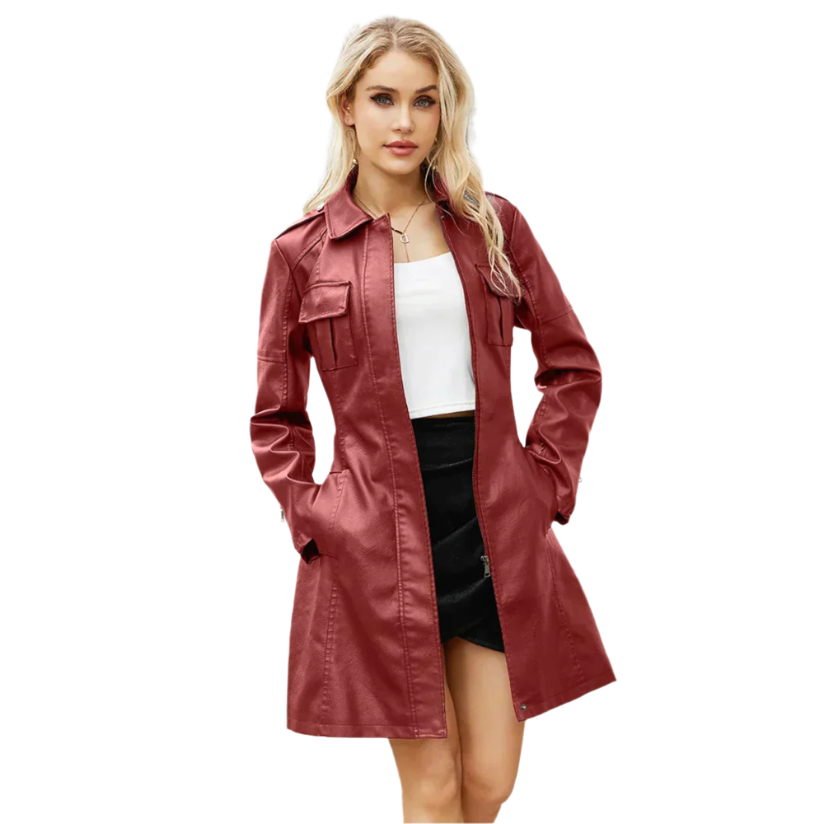 Blouson en cuir femme long élégant ceinture