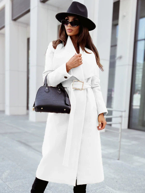 Veste longue en laine pour femme avec ceinture et revers cranté