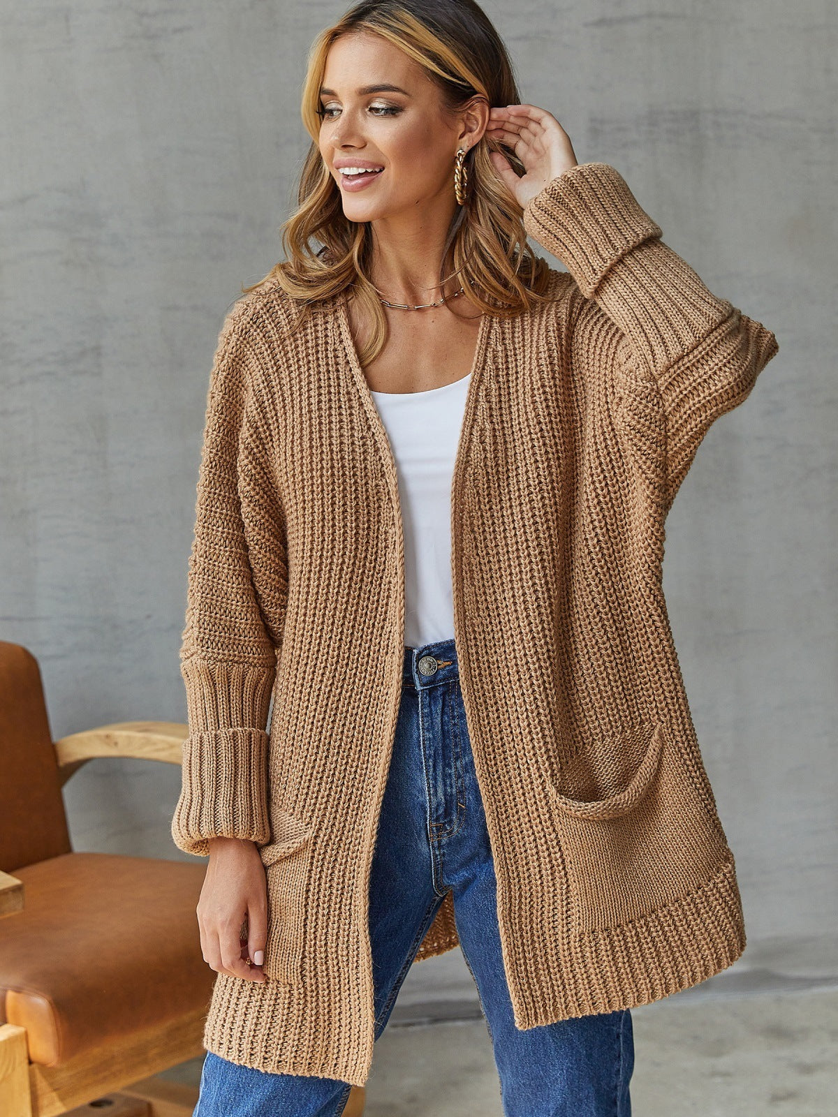 Cardigan ouvert pour femme avec poches et manches longues