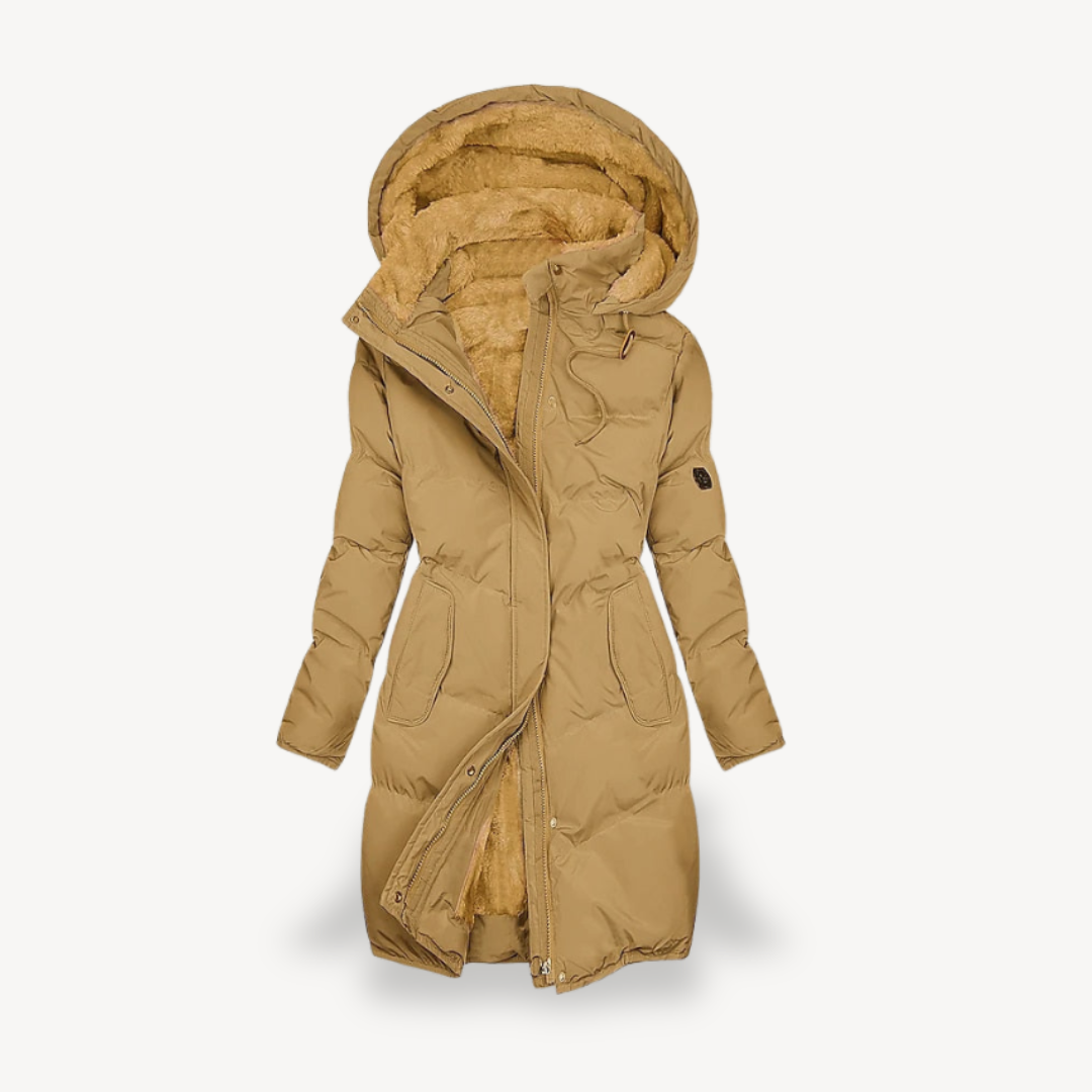 Veste d'hiver longue femme à capuche, douce et isolée