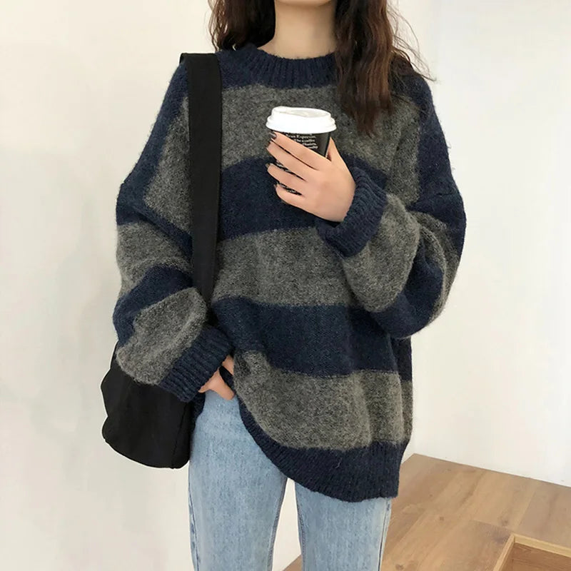 Pull tricoté grande taille rayé pour femme mode automne