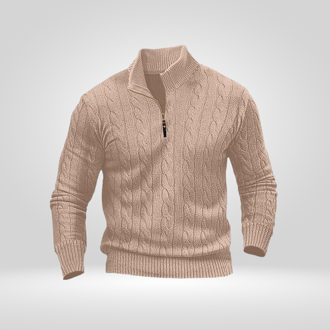 Pull pour homme en tricot torsadé avec demi-fermeture éclair