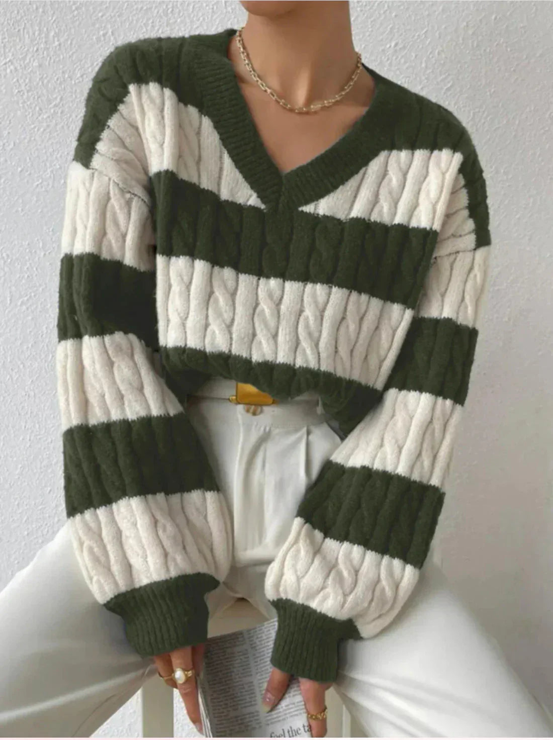 Pull rayé élégant col V femme