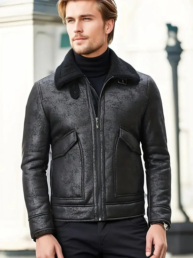 Blouson en cuir pour homme, doublure chaude en polaire