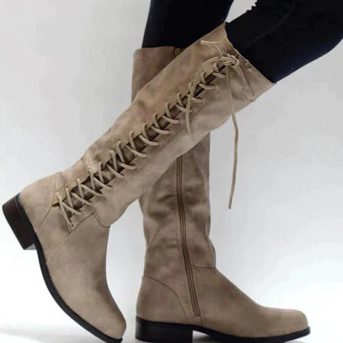 Bottes hauteur genou pour femme, coupe étroite, à lacets, plates