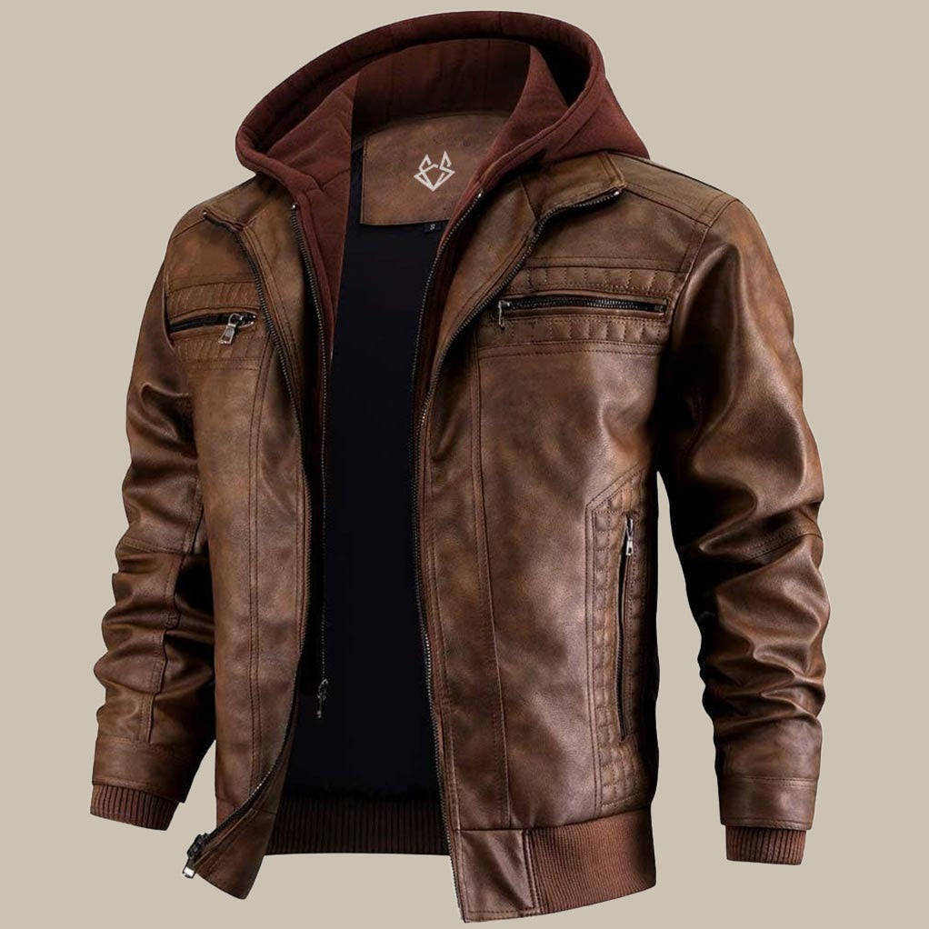 Blouson en cuir pour homme à capuche avec fermeture éclair