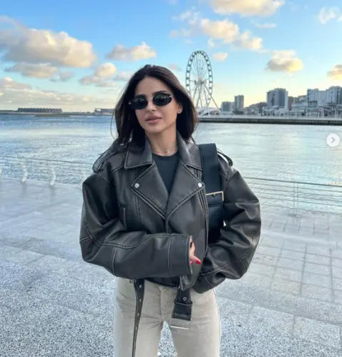 Veste en cuir oversize courte avec ceinture pour femme
