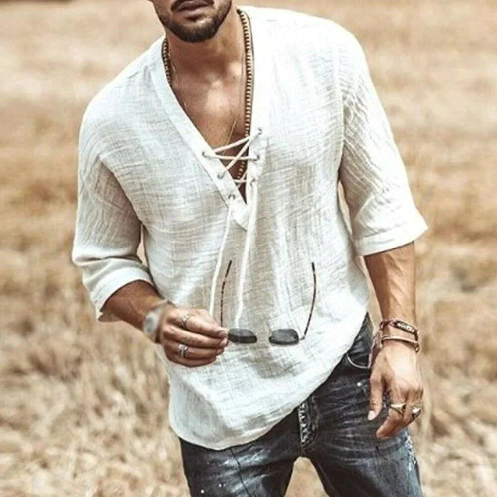 Chemise en lin pour homme confortable col en V
