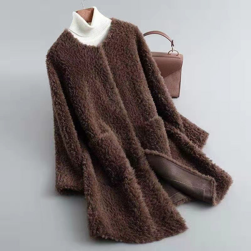 Manteau d'hiver en peau lainée pour femme avec poches
