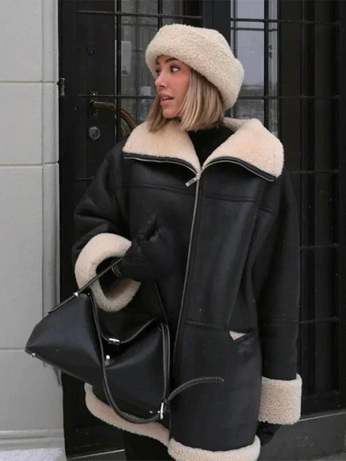 Stylische Lederjacke Damen Warm - IdealeKleiden