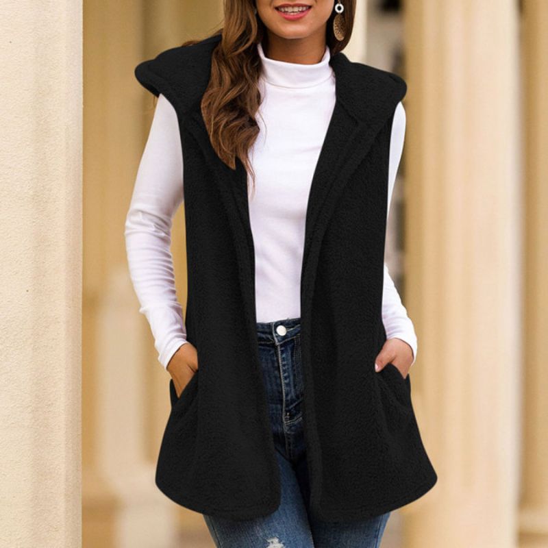 Gilet en polaire sans manches pour femme, à capuche, avec poches, sportif