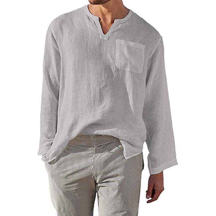 Chemise Homme Lin Manches Longues Élégante Poche Poitrine