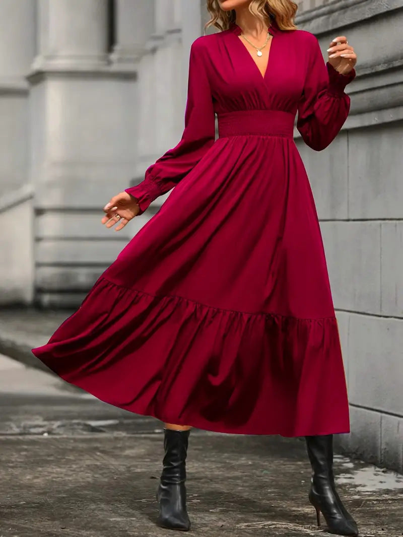 Robe longue femme élégante col en V manches bouffantes